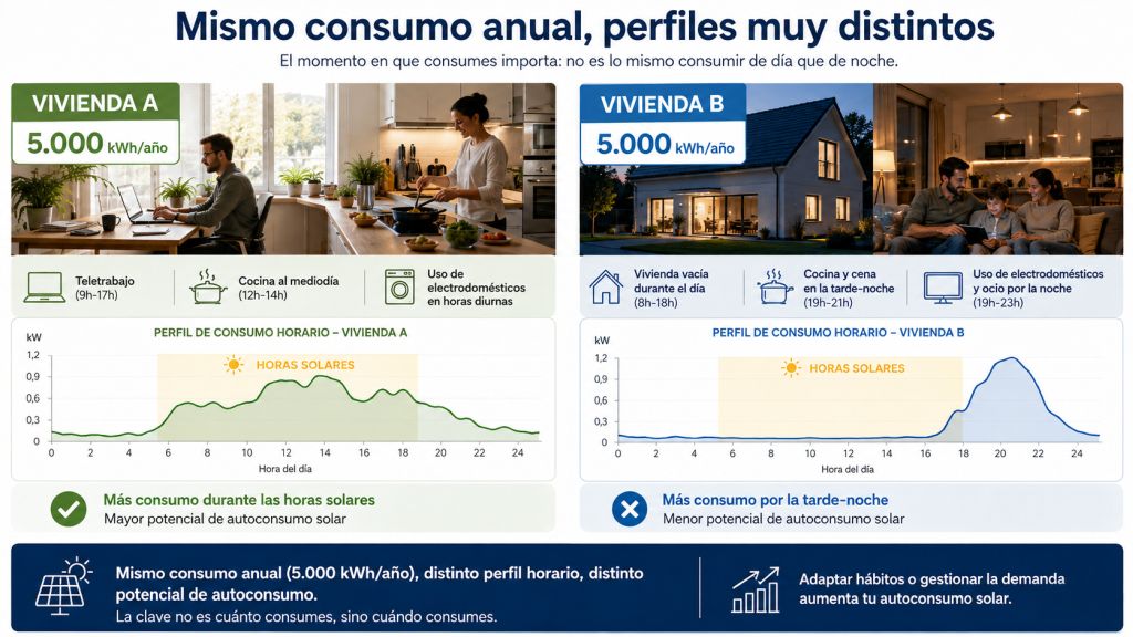 Mismo consumo anual, perfiles distintos: Infografía que compara dos viviendas con 5.000 kWh anuales pero perfiles horarios diferentes y distinto potencial de autoconsumo solar.