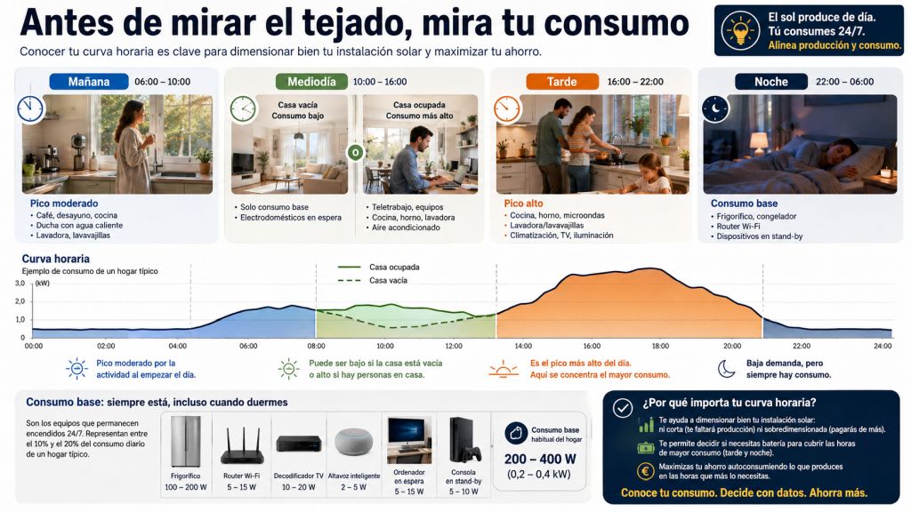 Curva horaria de consumo: Infografía que muestra cómo varía el consumo eléctrico de una vivienda entre mañana, mediodía, tarde y noche y por qué la curva horaria es clave antes de instalar placas solares.
