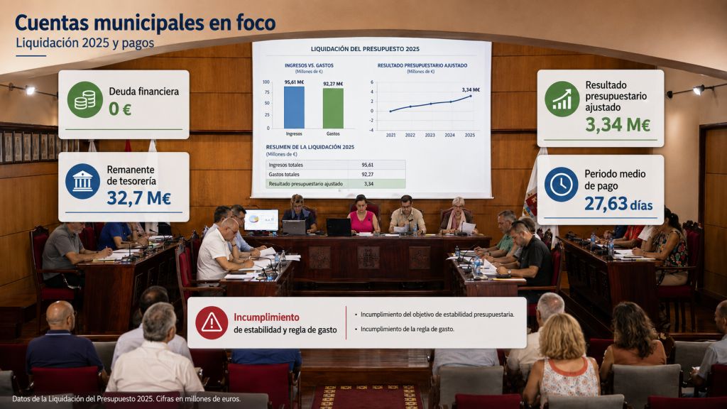 Infografía sobre la liquidación presupuestaria de Candelaria en 2025, con deuda financiera cero, remanente de tesorería, resultado ajustado y periodo medio de pago.