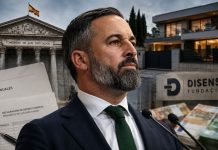Economía de Abascal: del «chiringuito» al poder político Santiago Abascal ante el Congreso, acompañado de documentos económicos, una vivienda y referencias a la Fundación Disenso, en una composición sobre patrimonio y transparencia política.