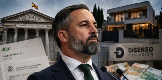Economía de Abascal: del «chiringuito» al poder político Santiago Abascal ante el Congreso, acompañado de documentos económicos, una vivienda y referencias a la Fundación Disenso, en una composición sobre patrimonio y transparencia política.