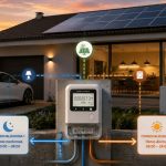 Dos comercializadoras en una vivienda: qué cambia Vivienda con contador eléctrico inteligente, paneles solares, batería y coche eléctrico, conectada a dos comercializadoras según distintos periodos horarios.