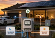 Dos comercializadoras en una vivienda: qué cambia Vivienda con contador eléctrico inteligente, paneles solares, batería y coche eléctrico, conectada a dos comercializadoras según distintos periodos horarios.