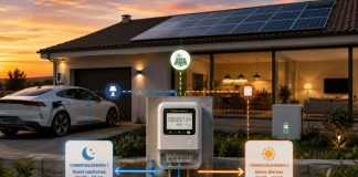 Dos comercializadoras en una vivienda: qué cambia Vivienda con contador eléctrico inteligente, paneles solares, batería y coche eléctrico, conectada a dos comercializadoras según distintos periodos horarios.