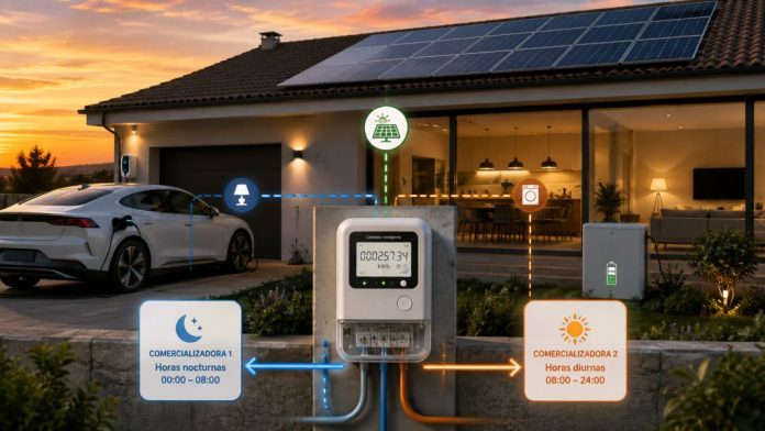 Vivienda con contador eléctrico inteligente, paneles solares, batería y coche eléctrico, conectada a dos comercializadoras según distintos periodos horarios.
