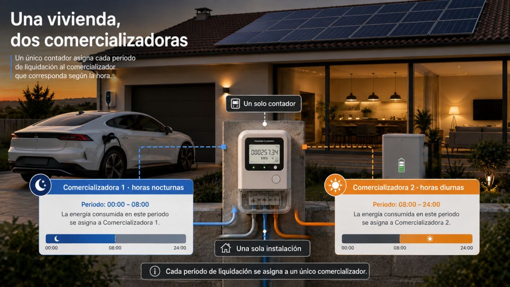 Una vivienda, dos comercializadoras: Esquema de una vivienda con un único contador que asigna el consumo a dos comercializadoras diferentes según la franja horaria.