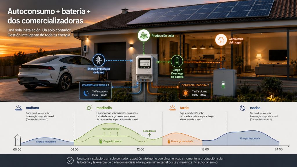 Autoconsumo, batería y dos comercializadoras: Vivienda con autoconsumo solar, batería doméstica y dos comercializadoras que se combinan para gestionar la energía a lo largo del día.