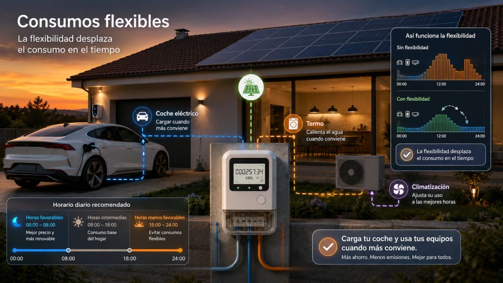 Consumos flexibles: Coche eléctrico, termo y climatización desplazando su consumo a distintas horas para aprovechar mejor la energía disponible y las condiciones de suministro.
