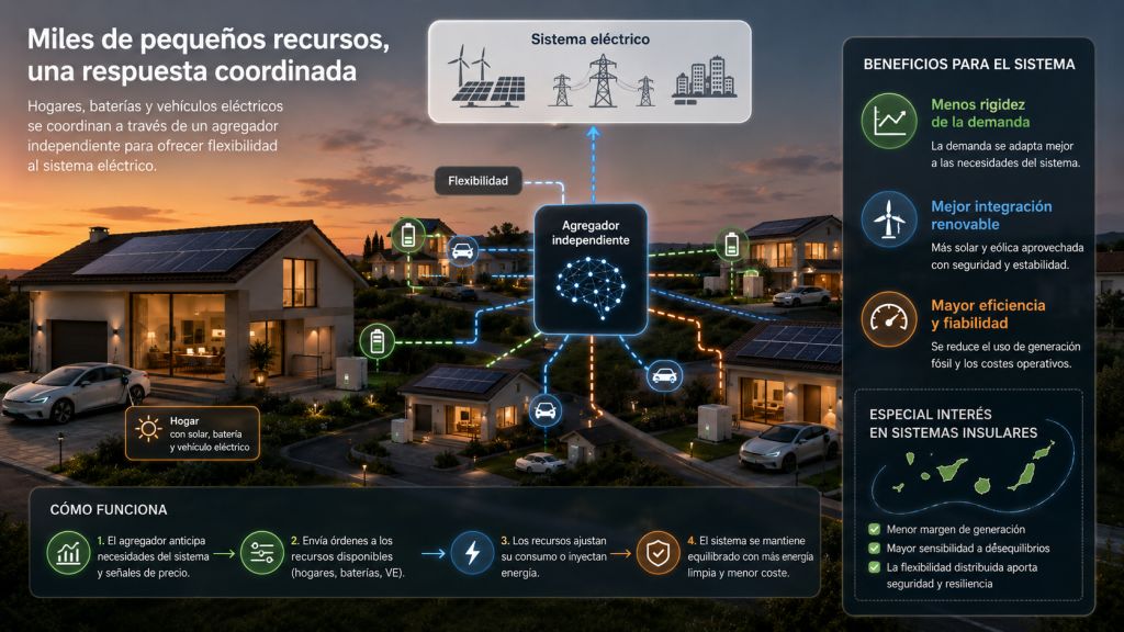 Agregación y flexibilidad: Conjunto de viviendas con baterías, paneles solares y vehículos eléctricos coordinados por un agregador para ofrecer flexibilidad al sistema eléctrico.