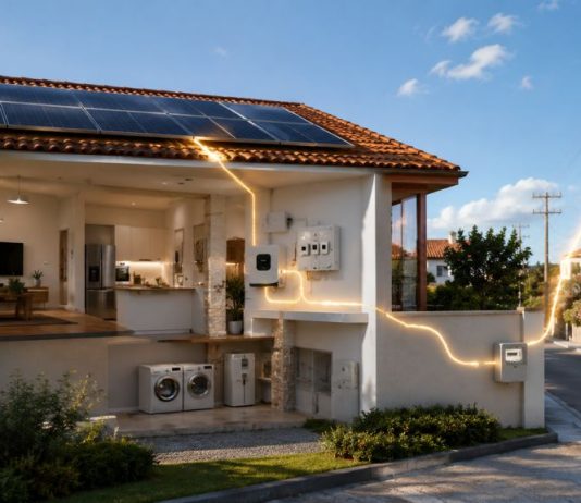 Excedentes solares: qué ocurre con la energía que no consumes Vivienda con paneles solares donde la energía producida se reparte entre el consumo del hogar y los excedentes enviados a la red eléctrica.