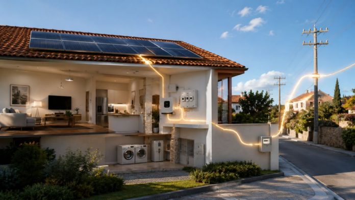 Excedentes 1 Vivienda con paneles solares donde la energía producida se reparte entre el consumo del hogar y los excedentes enviados a la red eléctrica.