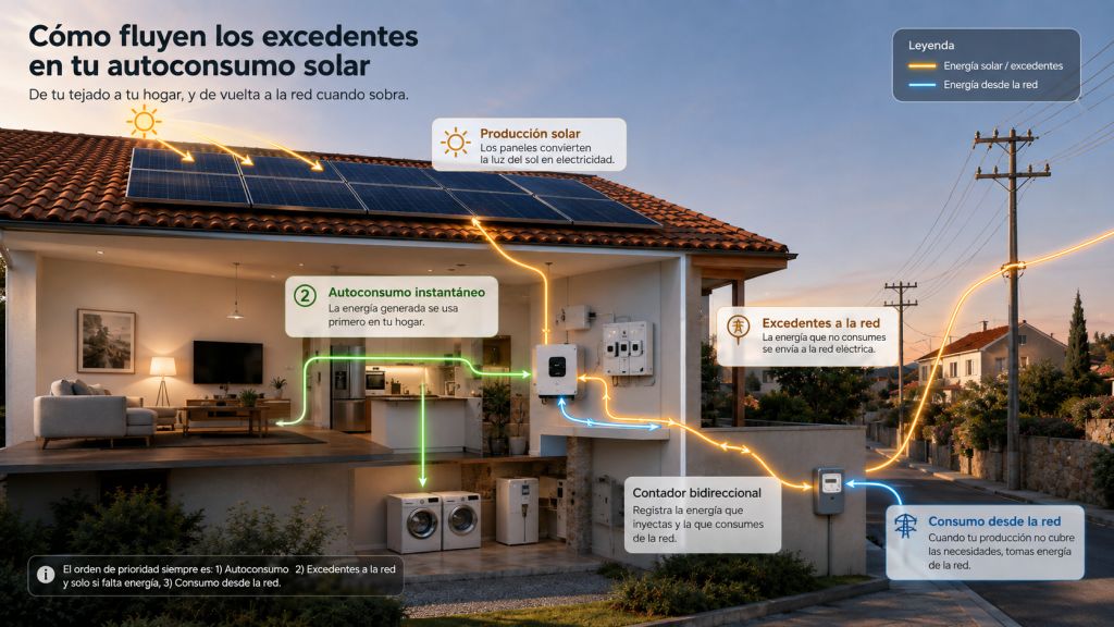 Infografía del flujo de energía en autoconsumo solar, desde los paneles hasta el consumo de la vivienda y el envío de excedentes a la red.