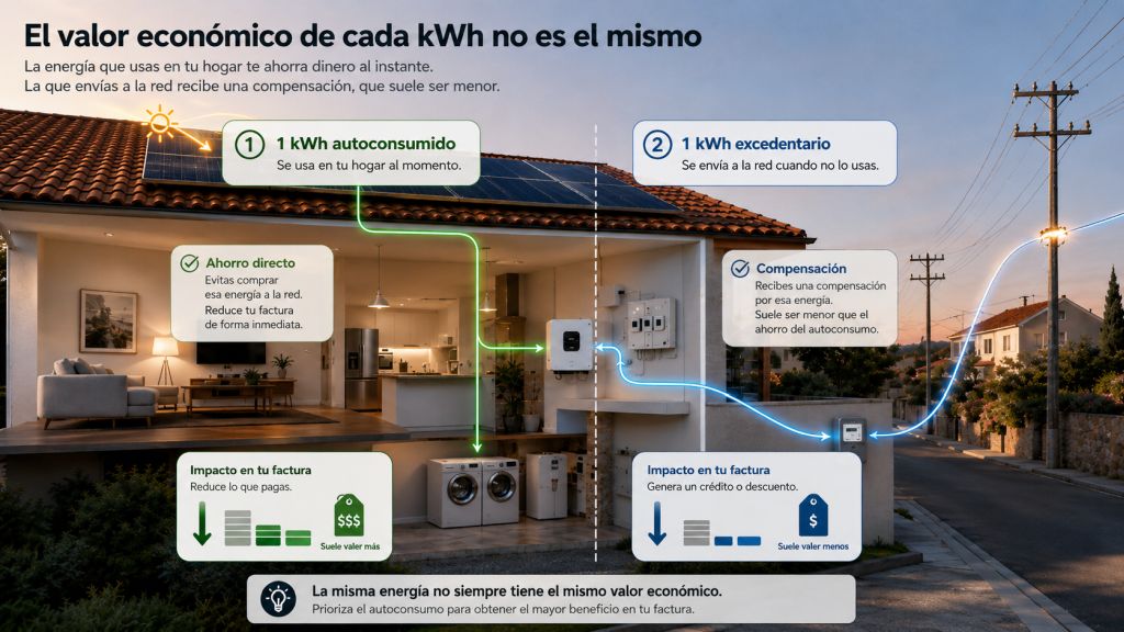 Comparación entre un kWh autoconsumido en la vivienda y un kWh excedentario enviado a la red, mostrando su distinto valor económico.