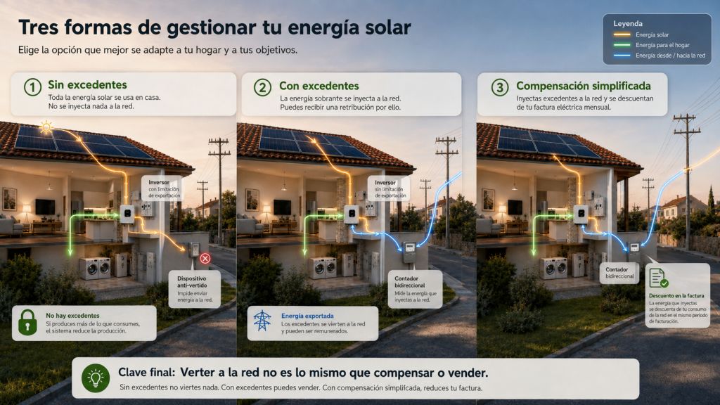Infografía comparativa de autoconsumo sin excedentes, con excedentes y con compensación simplificada mediante conexión a la red eléctrica.