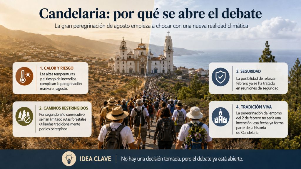 Candelaria: por qué se abre el debate: Infografía sobre la peregrinación a Candelaria que explica el calor, el riesgo de incendios, las restricciones de caminos y la posibilidad de reforzar la peregrinación en febrero.