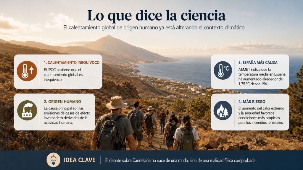 Lo que dice la ciencia: Infografía sobre el calentamiento global antropogénico con datos del IPCC y AEMET, mostrando su relación con el aumento de temperaturas y el riesgo de incendios forestales.