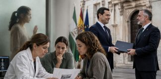 Vox y violencia machista: la cesión de Juanma Moreno Juanma Moreno entrega una carpeta institucional a Manuel Gavira mientras un equipo de profesionales atiende un caso de violencia machista.