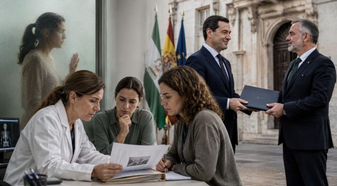 Vox y violencia machista: la cesión de Juanma Moreno Juanma Moreno entrega una carpeta institucional a Manuel Gavira mientras un equipo de profesionales atiende un caso de violencia machista.