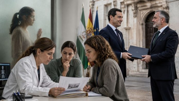 Genero 3 Juanma Moreno entrega una carpeta institucional a Manuel Gavira mientras un equipo de profesionales atiende un caso de violencia machista.