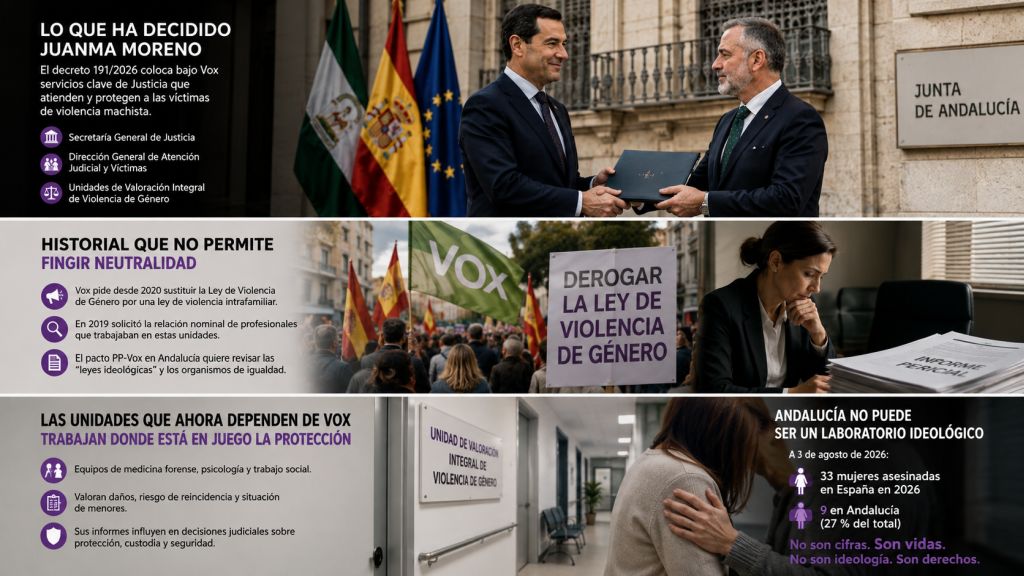 Infografía sobre las competencias de Justicia entregadas a Vox, su historial contra la legislación de género y la labor de las unidades de valoración de víctimas.