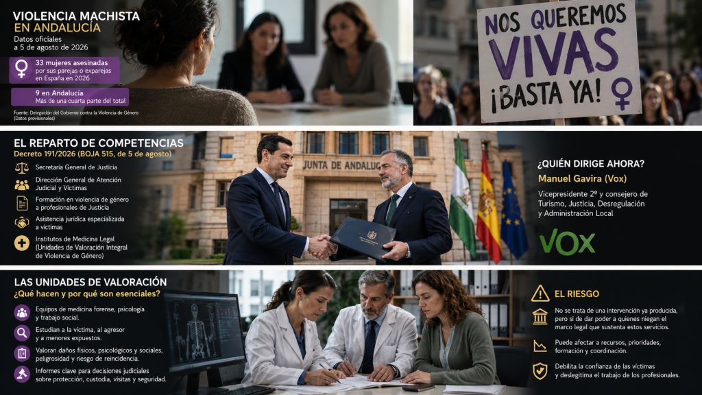 Infografía con datos de violencia machista en Andalucía, el reparto de competencias a Manuel Gavira y las funciones de los equipos forenses especializados.