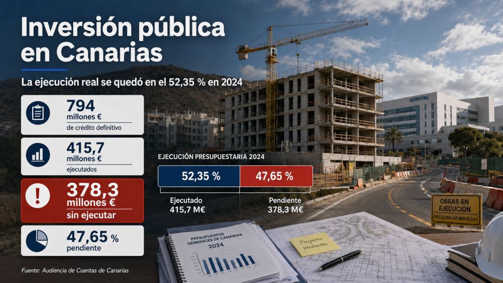 Inversión pública en Canarias: Obra pública en construcción junto a los datos de 2024: 794 millones presupuestados, 415,7 ejecutados y 378,3 millones pendientes.