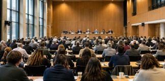 Ley de hierro: cómo el poder crea sus propias élites Asamblea democrática en un gran auditorio, con numerosos participantes frente a una pequeña mesa de dirigentes que concentra la atención y la toma de decisiones.