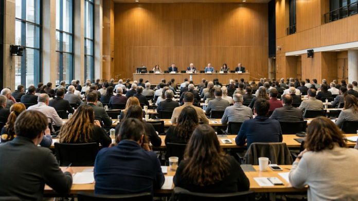 Asamblea democrática en un gran auditorio, con numerosos participantes frente a una pequeña mesa de dirigentes que concentra la atención y la toma de decisiones.