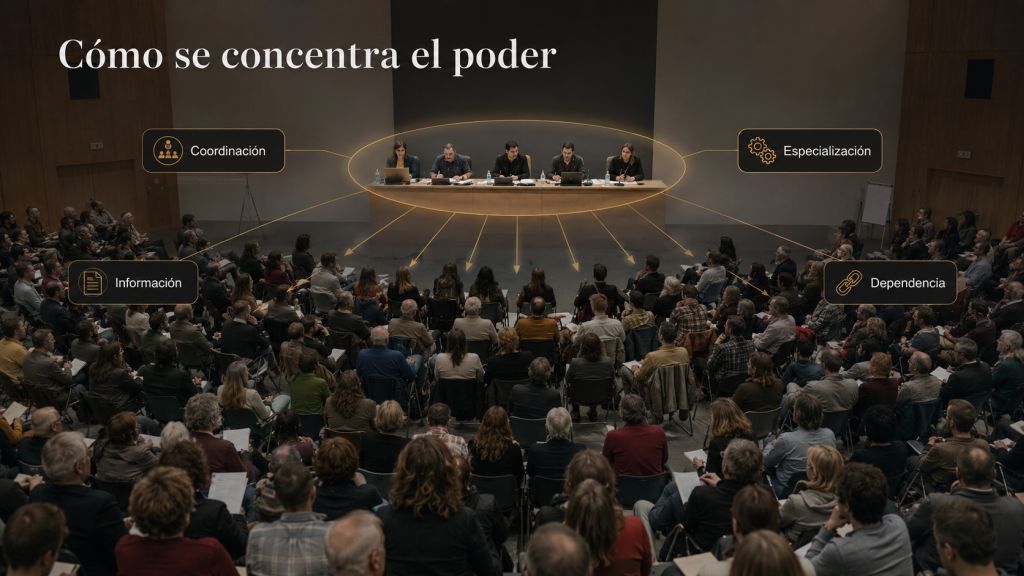 Cómo se concentra el poder: Asamblea numerosa en la que una pequeña cúpula central concentra coordinación, información, especialización y capacidad de decisión sobre la organización.