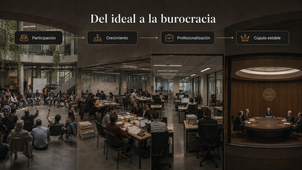 Del ideal a la burocracia: Evolución visual desde una organización participativa y abierta hacia una estructura profesionalizada, burocrática y dominada por una cúpula estable. Ley de hierro.