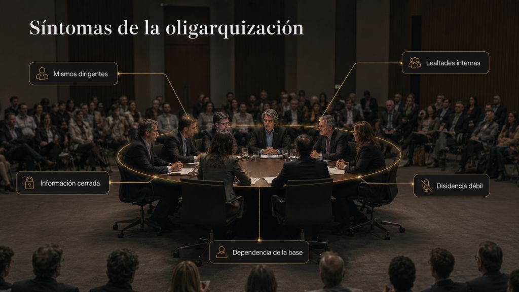 Síntomas de la oligarquización: Grupo reducido de dirigentes reunido en el centro de una organización, rodeado por una base amplia, con señales de información cerrada, lealtades internas y escasa disidencia.