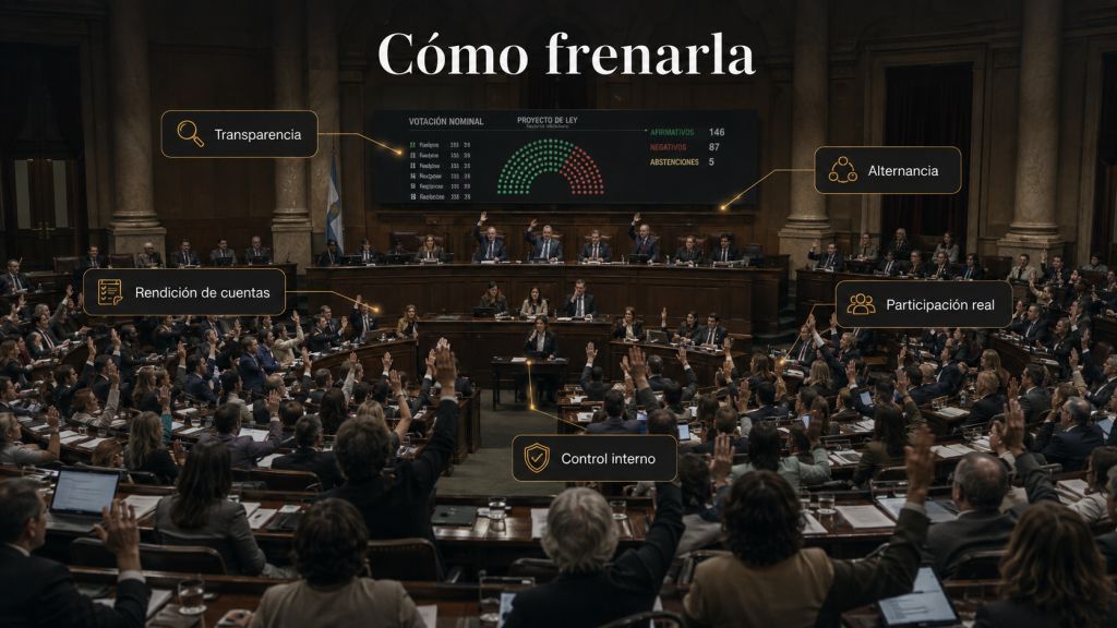 Cómo frenarla: Asamblea institucional en votación que representa los principales contrapesos democráticos frente a la concentración del poder: transparencia, alternancia, rendición de cuentas, control interno y participación real.