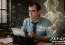 IA personalizada: cómo cambia cuando aprende a trabajar contigo Escritor trabajando frente a una máquina de escribir mientras una figura etérea y varias proyecciones holográficas simbolizan la ayuda de una IA personalizada.