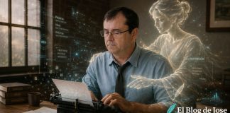 IA personalizada: cómo cambia cuando aprende a trabajar contigo Escritor trabajando frente a una máquina de escribir mientras una figura etérea y varias proyecciones holográficas simbolizan la ayuda de una IA personalizada.