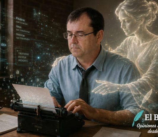 IA personalizada: cómo cambia cuando aprende a trabajar contigo Escritor trabajando frente a una máquina de escribir mientras una figura etérea y varias proyecciones holográficas simbolizan la ayuda de una IA personalizada.