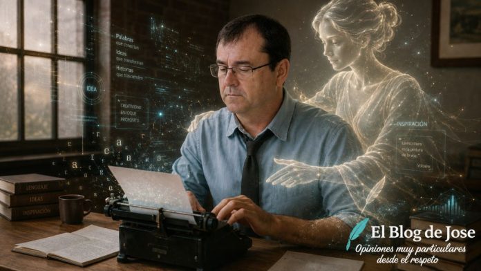 Historia 1 Escritor trabajando frente a una máquina de escribir mientras una figura etérea y varias proyecciones holográficas simbolizan la ayuda de una IA personalizada.