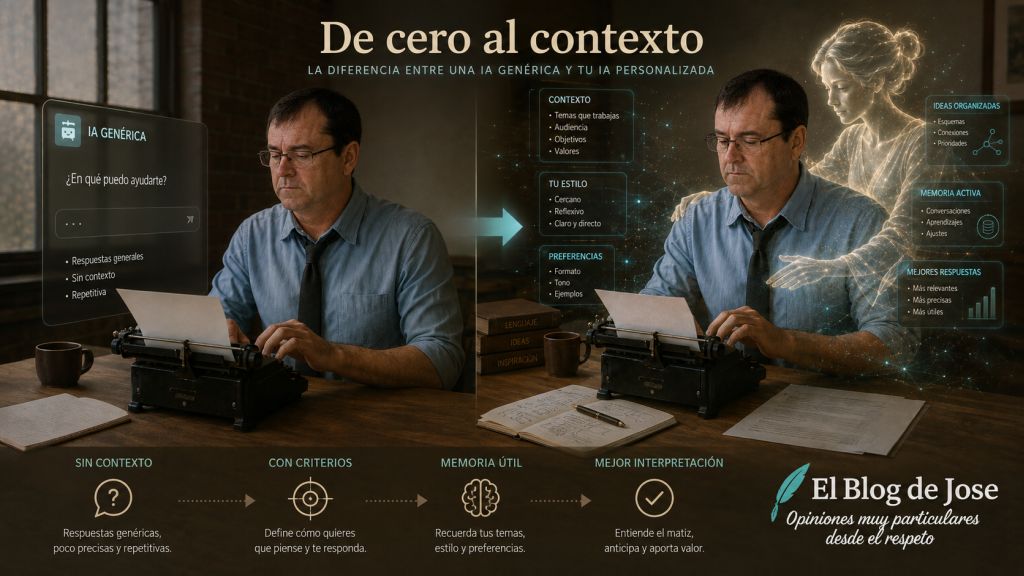 Comparación entre una IA genérica sin contexto y una IA personalizada que incorpora criterios, memoria y preferencias para ofrecer respuestas más útiles.