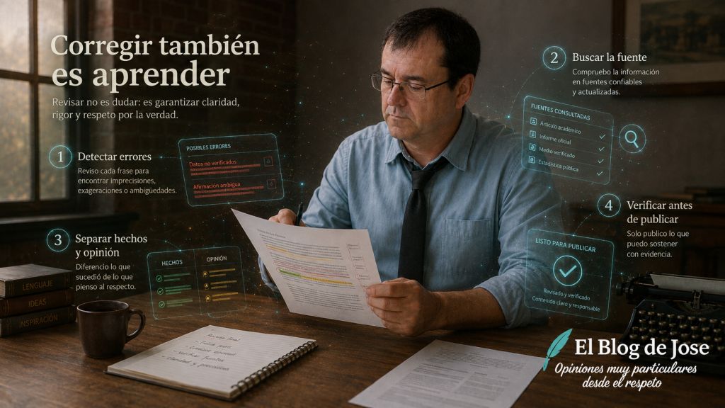 Escritor revisando un texto con apoyo de herramientas holográficas que representan la detección de errores, la consulta de fuentes y la verificación antes de publicar.