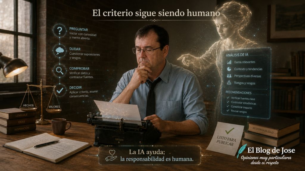Escritor analizando información junto a una figura holográfica de inteligencia artificial, mientras comprueba datos y conserva la decisión y la responsabilidad finales.