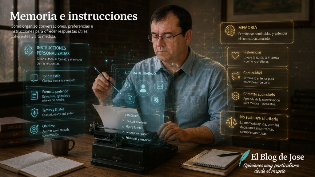Representación visual de cómo las instrucciones personalizadas y la memoria permiten a una inteligencia artificial mantener contexto, continuidad y preferencias del usuario.