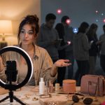 La caída de los influencers: ¿se acaba el hechizo? Una creadora de contenido graba ante un aro de luz rodeada de productos patrocinados, mientras parte de su audiencia se aleja, como símbolo de la pérdida de fascinación por los influencers.