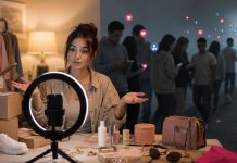 La caída de los influencers: ¿se acaba el hechizo? Una creadora de contenido graba ante un aro de luz rodeada de productos patrocinados, mientras parte de su audiencia se aleja, como símbolo de la pérdida de fascinación por los influencers.