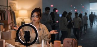 La caída de los influencers: ¿se acaba el hechizo? Una creadora de contenido graba ante un aro de luz rodeada de productos patrocinados, mientras parte de su audiencia se aleja, como símbolo de la pérdida de fascinación por los influencers.