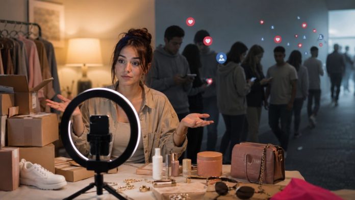 Una creadora de contenido graba ante un aro de luz rodeada de productos patrocinados, mientras parte de su audiencia se aleja, como símbolo de la pérdida de fascinación por los influencers.
