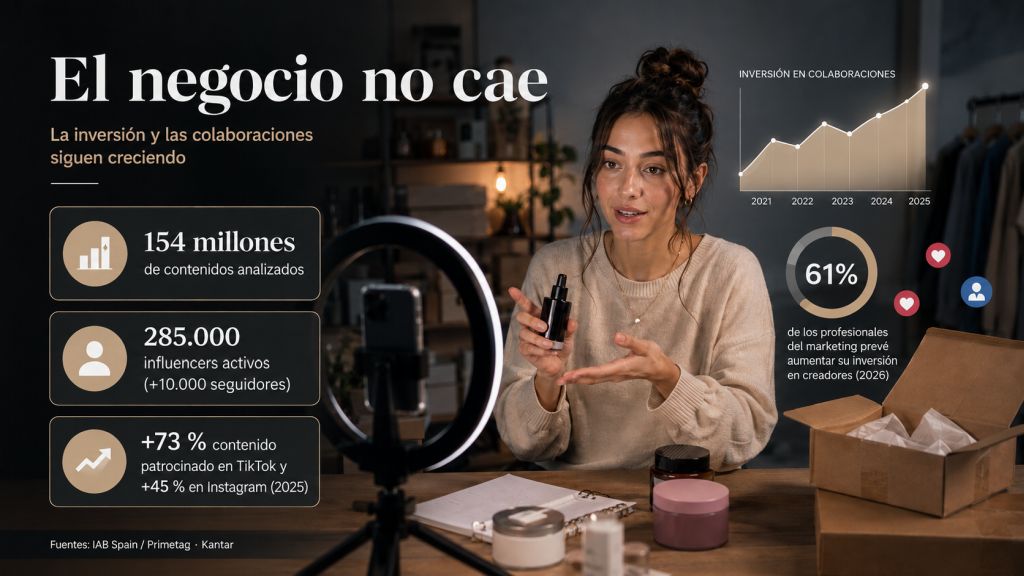 El negocio no cae: Una creadora promociona productos ante la cámara junto a datos sobre el crecimiento del contenido patrocinado y la continuidad de la inversión de las marcas en influencers y creadores.