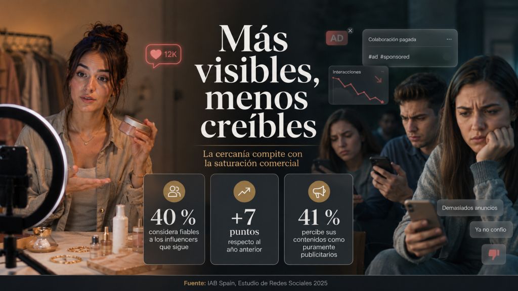 Más visibles, menos creíbles: Una influencer presenta un producto mientras varios usuarios observan sus móviles con gesto de cansancio, ilustrando la tensión entre confianza, publicidad y saturación comercial.