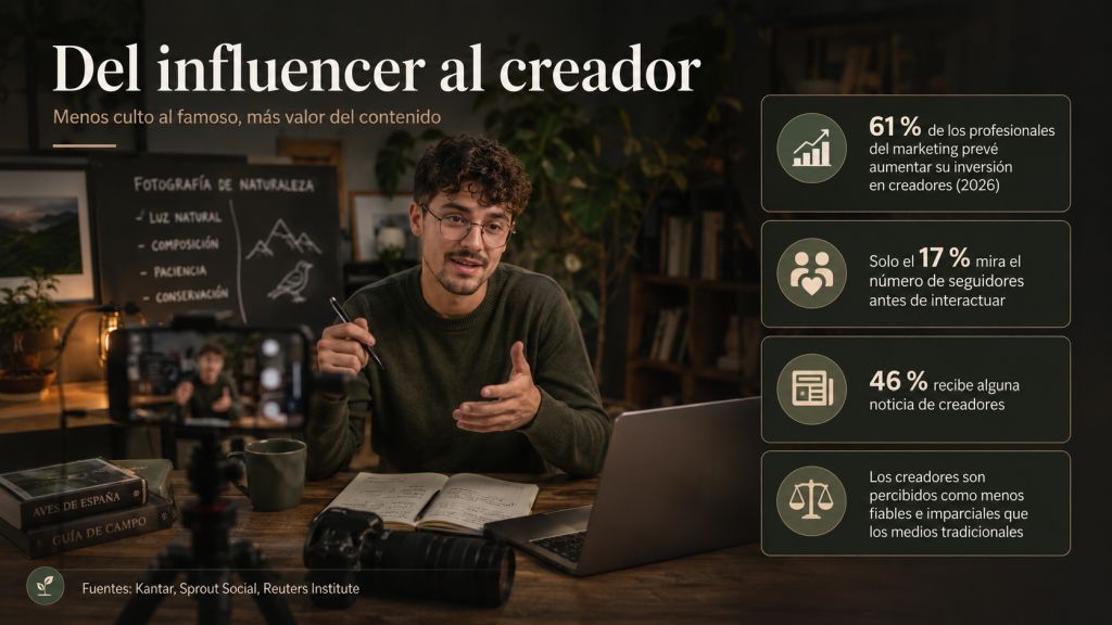 Del influencer al creador: Un creador especializado explica contenido ante la cámara rodeado de libros, notas y material de trabajo, representando el paso de la fama basada en seguidores al valor del conocimiento y la especialización.
