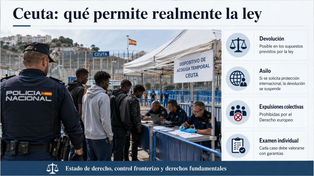 Infografía sobre qué permite la ley en Ceuta: devolución en los supuestos legales, protección internacional, prohibición de expulsiones colectivas y examen individual de cada caso.