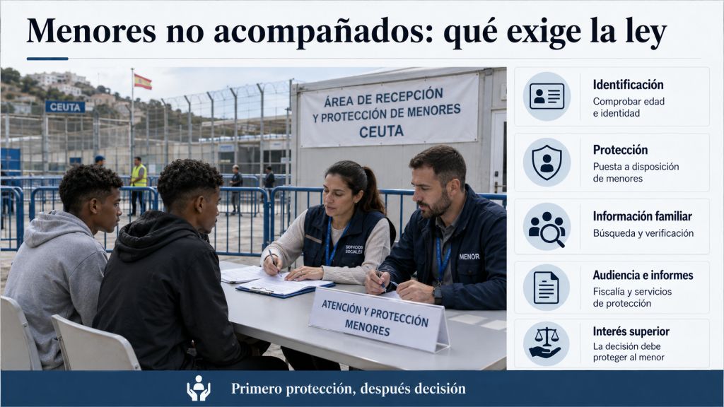 Infografía sobre la protección de menores no acompañados en Ceuta, con identificación, tutela, búsqueda familiar, audiencia e interés superior del menor.