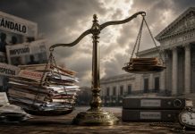 Neutralidad judicial: una justicia que falla al mismo lado Balanza de la justicia inclinada ante un tribunal, rodeada de expedientes, titulares acusatorios, archivos cerrados y un reloj que simboliza las demoras judiciales.